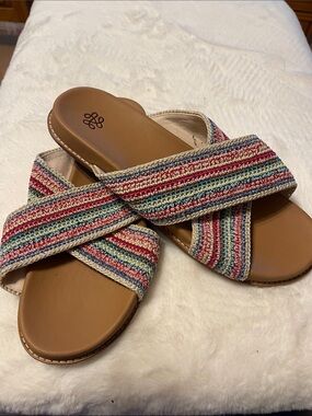The Sak Multicolor Striped Crossband Slide Sandals with Brown Footbed